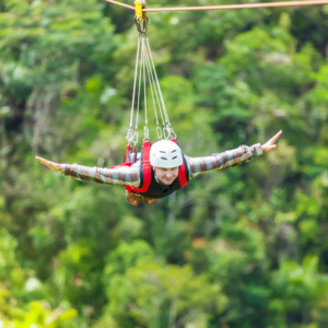 A person, with arms outstretched, on a zip wire with greenery behind.