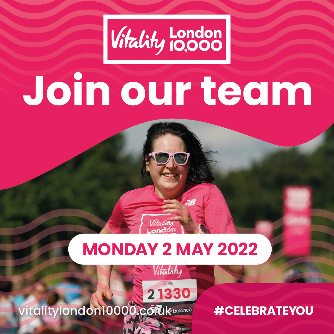 Vitality 10k Image reading 'Join our Team', photo is of a woman running